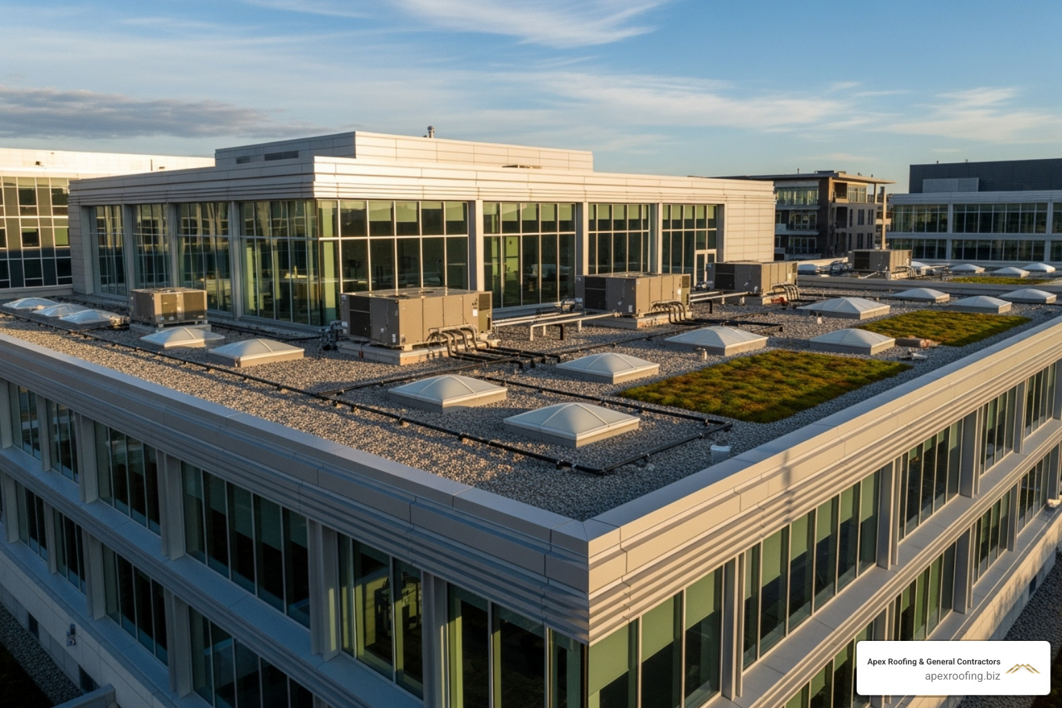 modern commercial building with a flat roof system - roof installation services