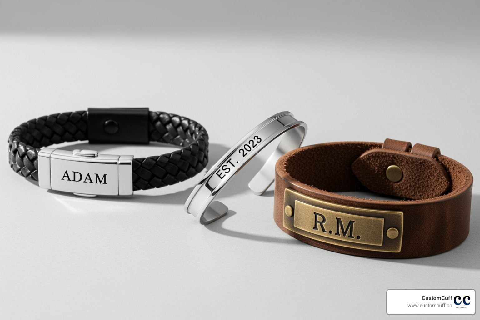 of three different styles of personalized bracelets for men laid out - customized fathers day bracelet
