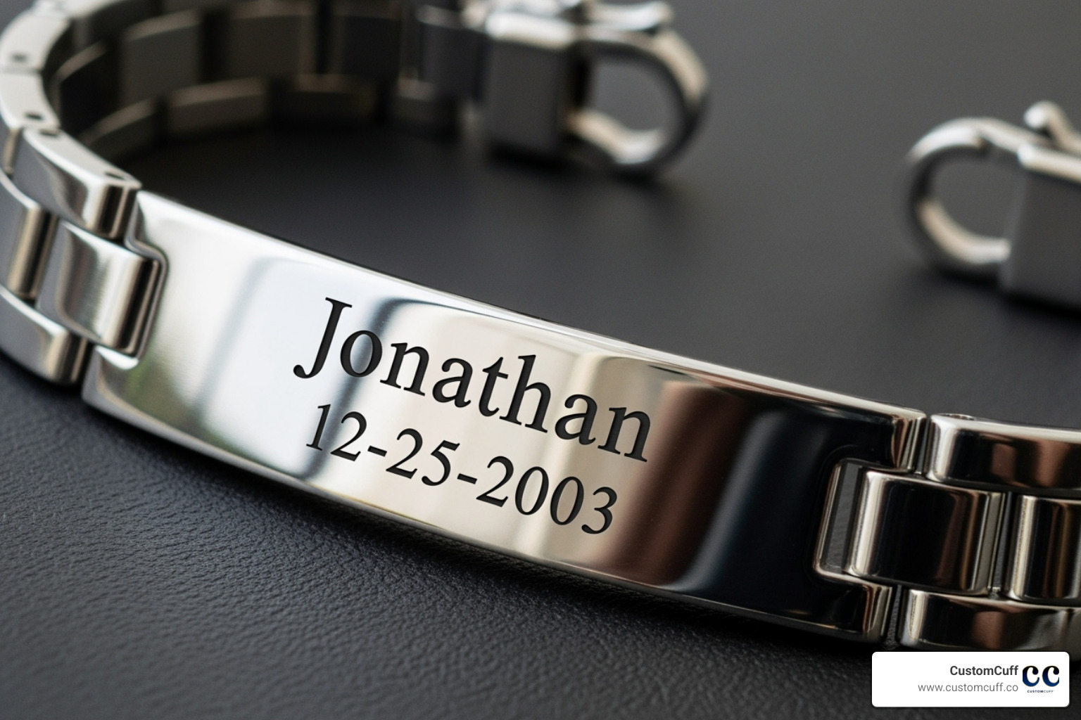 of a stainless steel ID bracelet with an engraving - customized fathers day bracelet