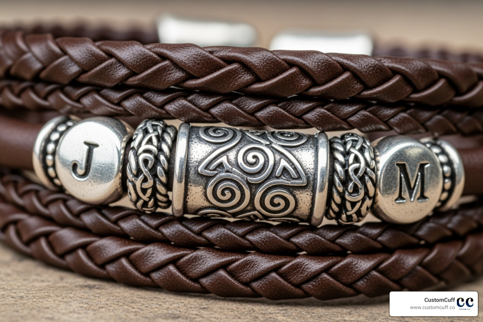 of a braided leather bracelet with custom silver beads - customized fathers day bracelet