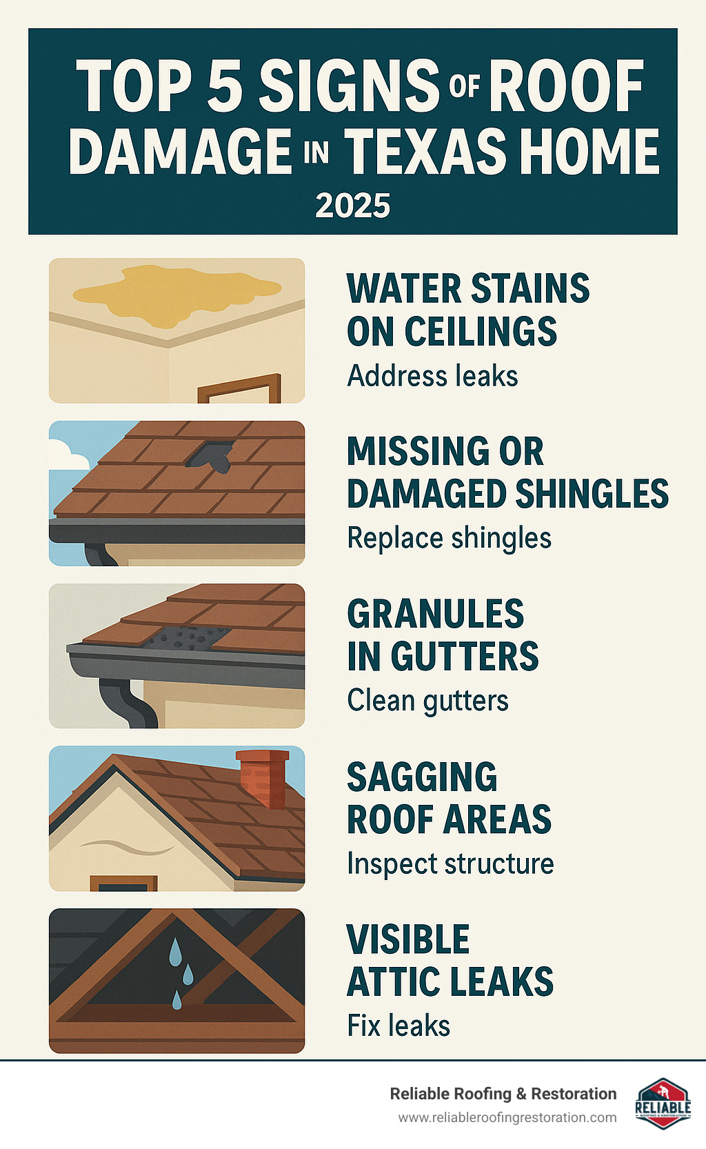 Infographic showing the top 5 signs of roof damage in a Texas home including water stains on ceilings, missing or damaged shingles, granules in gutters, sagging roof areas, and visible attic leaks with corresponding visual indicators and recommended actions - home roof repair katy tx infographic Infographic showing the top 5 signs of roof damage in a Texas home including water stains on ceilings, missing or damaged shingles, granules in gutters, sagging roof areas, and visible attic leaks with corresponding visual indicators and recommended actions - home roof repair katy tx infographic