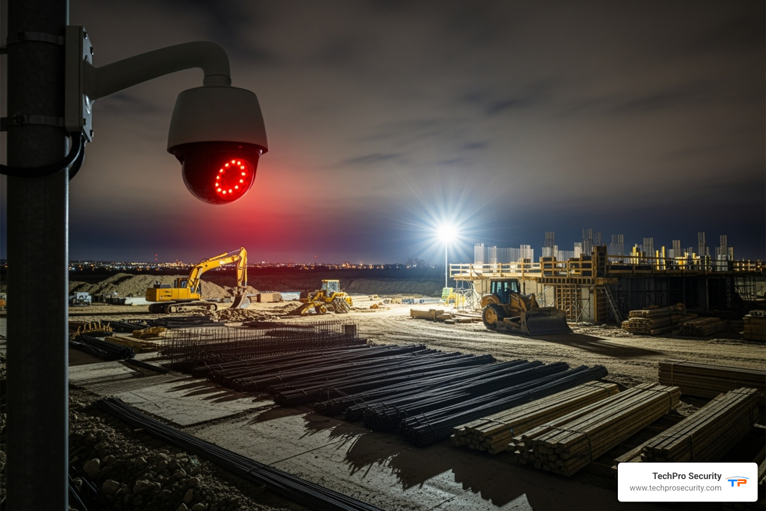 security camera monitoring a construction site at night - Construction theft prevention