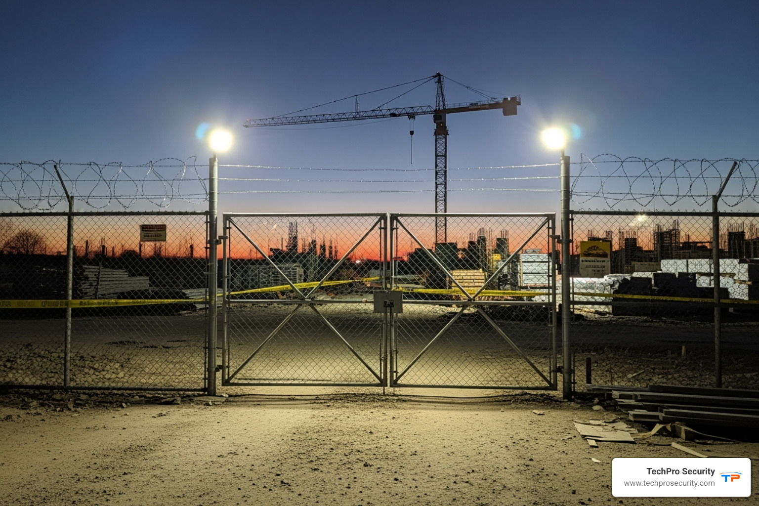 well-lit construction site perimeter with a high fence and a locked gate - Construction theft prevention