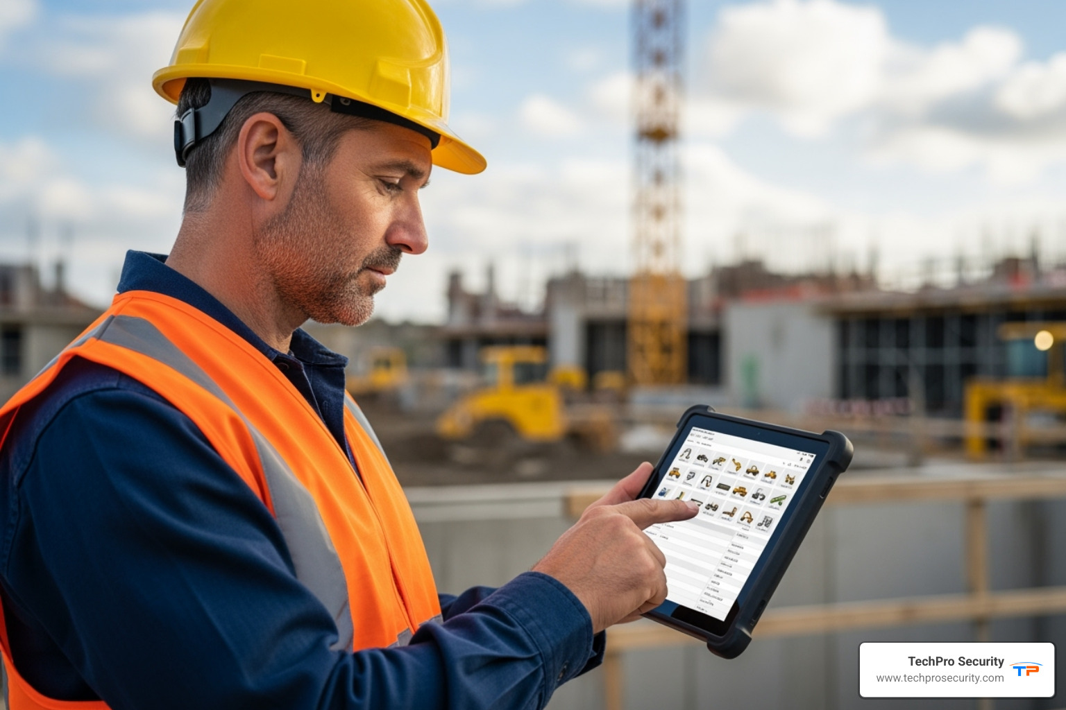supervisor reviewing an equipment inventory log on a tablet - Construction theft prevention