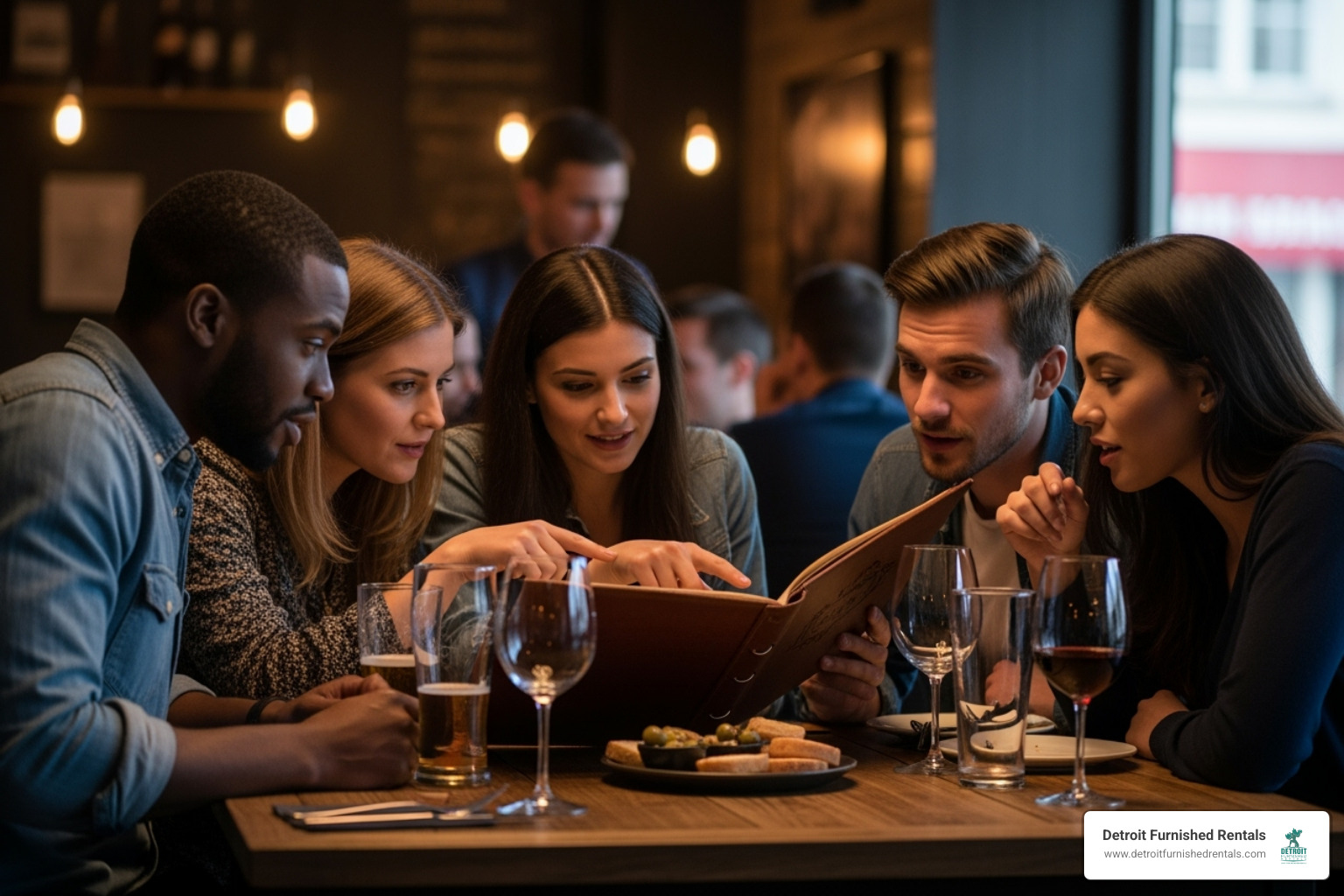 Group of people looking at a menu - Detroit happy hour