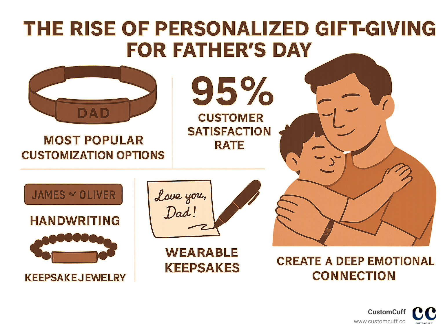 Infographic showing the rise of personalized gift-giving trends for Father's Day, including statistics on customer satisfaction rates, most popular customization options like children's names and handwriting, and the emotional impact of personalized jewelry as wearable keepsakes - customized fathers day bracelet infographic 