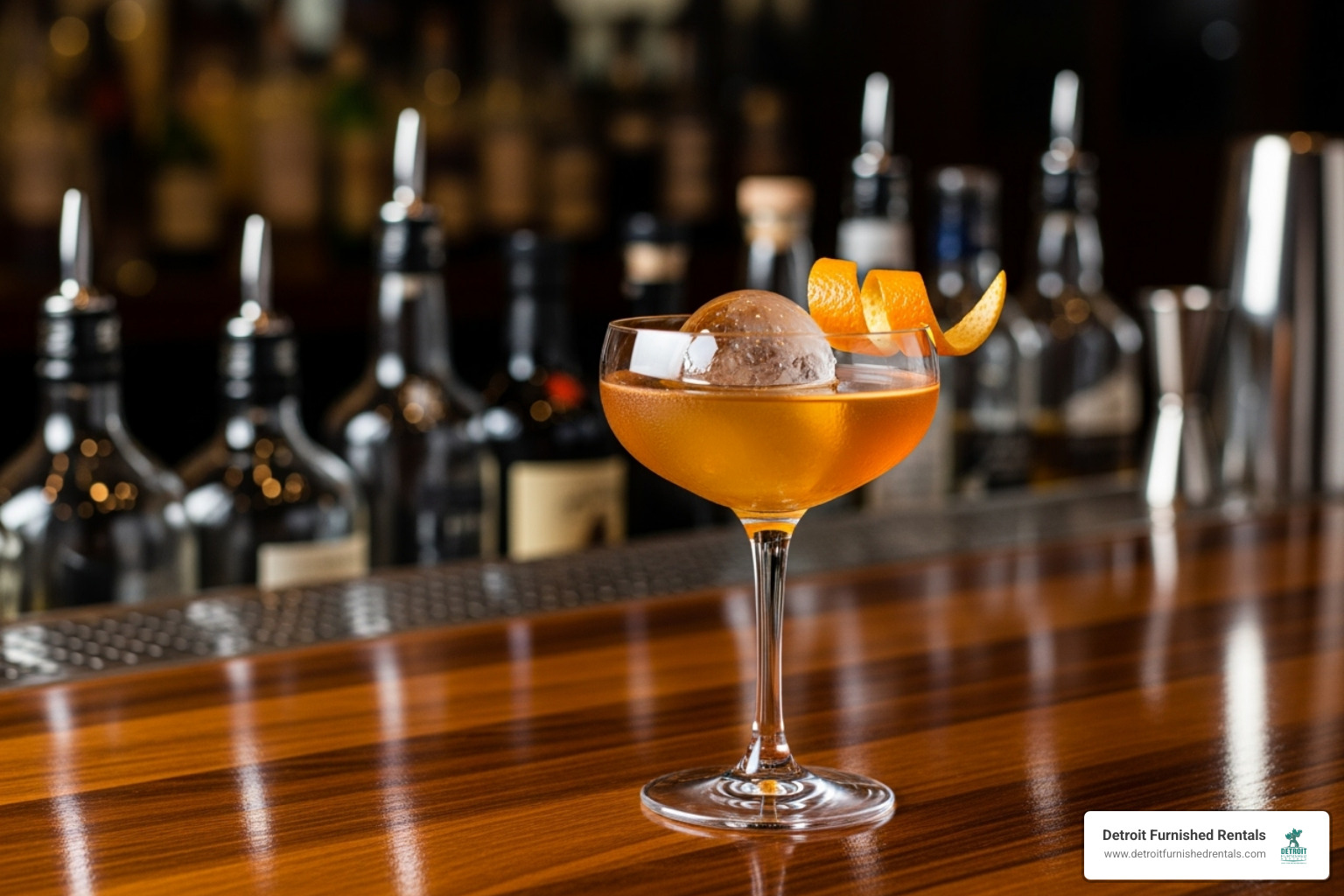 Well-crafted cocktail on a bar top - Detroit happy hour