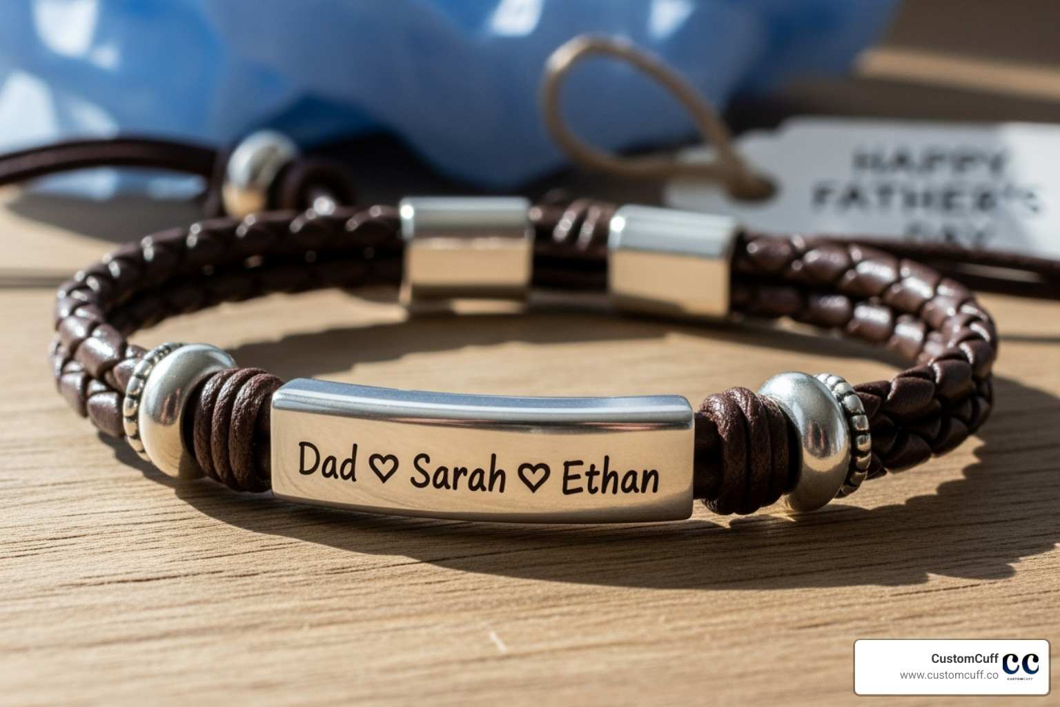 of a bracelet engraved with a child's actual handwriting - customized fathers day bracelet