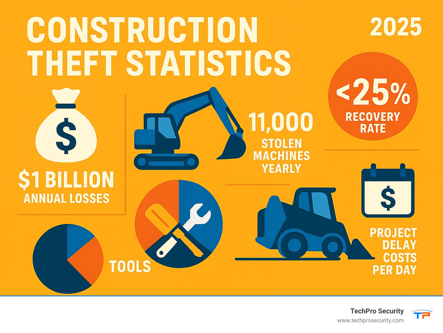 infographic showing construction theft statistics including $1 billion annual losses, 11,000 stolen machines yearly, less than 25% recovery rate, and breakdown of most commonly stolen items with tools at 40%, heavy equipment theft rates, and daily project delay costs - Construction theft prevention infographic