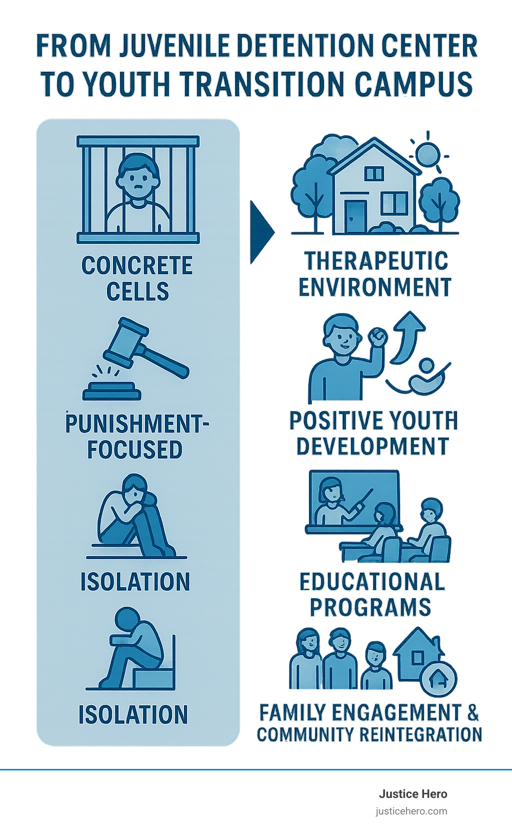 Infographic showing the evolution from traditional juvenile detention centers with concrete cells, punishment-focused approach, and isolation to modern youth transition campuses featuring therapeutic environments, positive youth development, educational programs, family engagement, and community reintegration support - youth transition campus infographic 