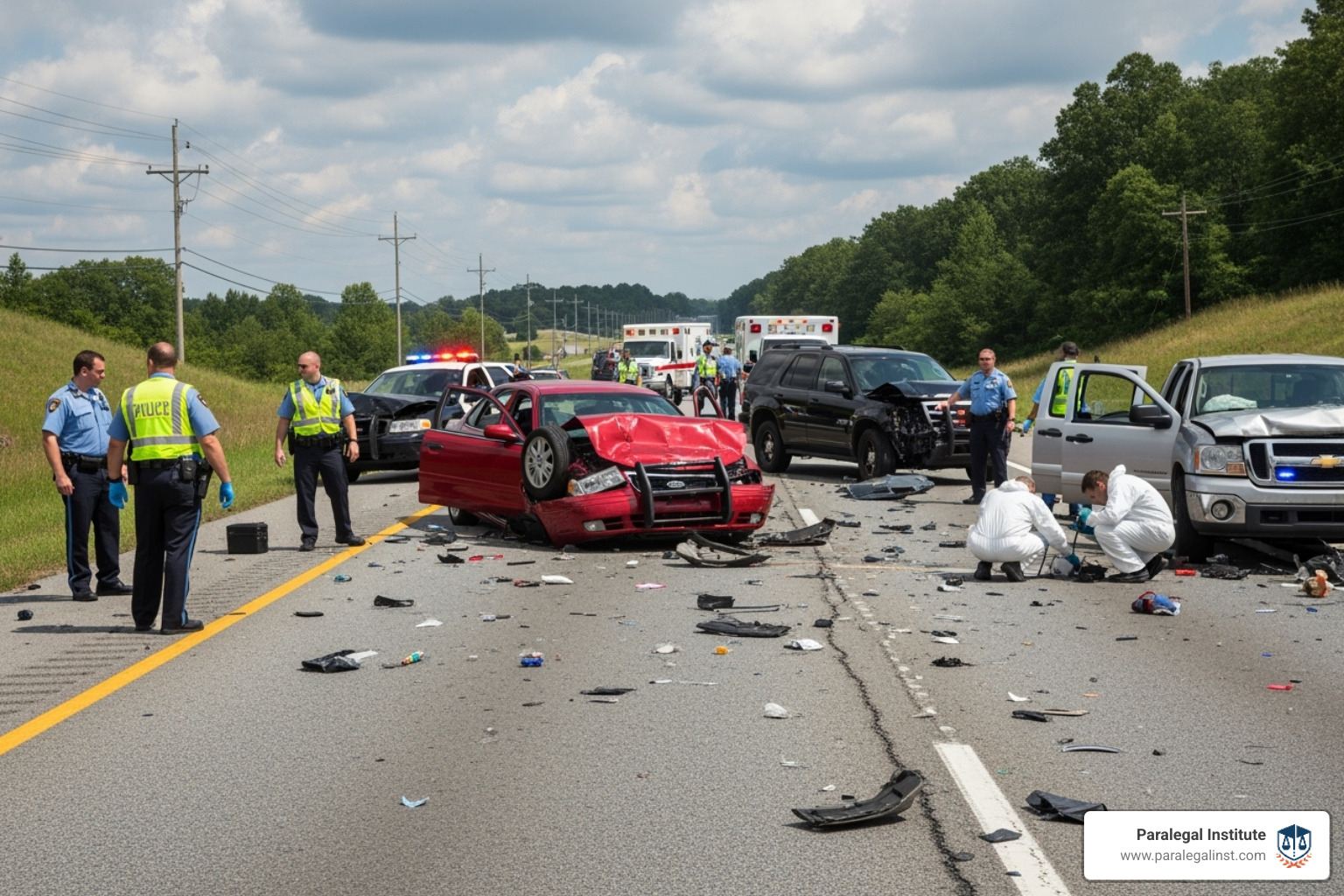 a car accident scene with investigators - personal injury and the law of torts for paralegals