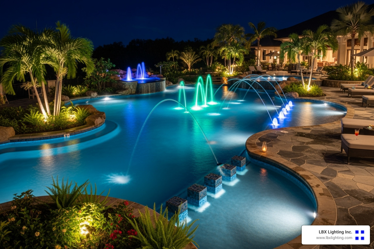Beautifully lit pool and fountain area - unique outdoor lighting houston