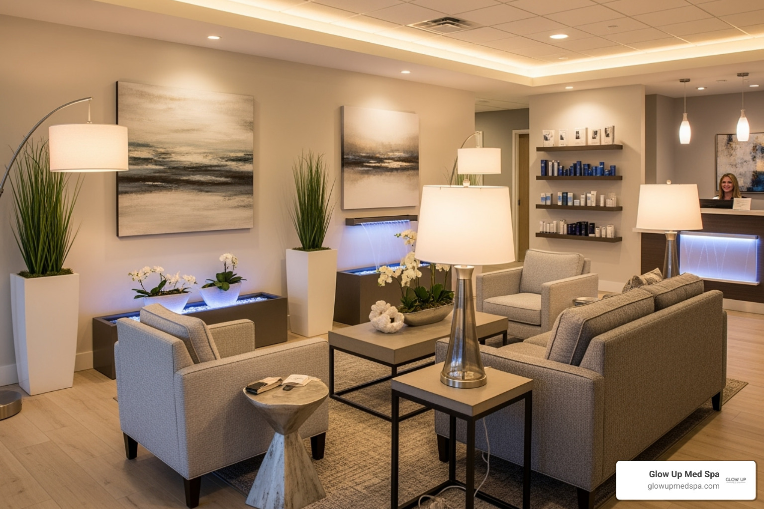 Glow Up Med Spa waiting area - aqua gold botox facial newport beach
