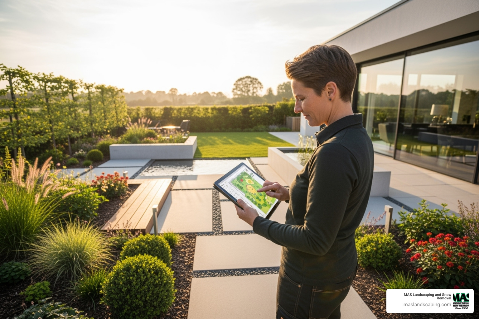A landscape designer using specialized software on a tablet while standing in a newly designed garden space - landscape management