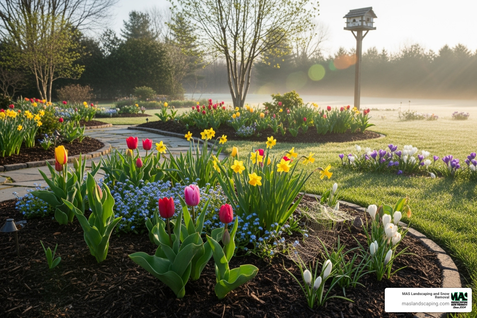 A vibrant spring garden after a cleanup, showing freshly mulched beds and budding flowers - landscape management