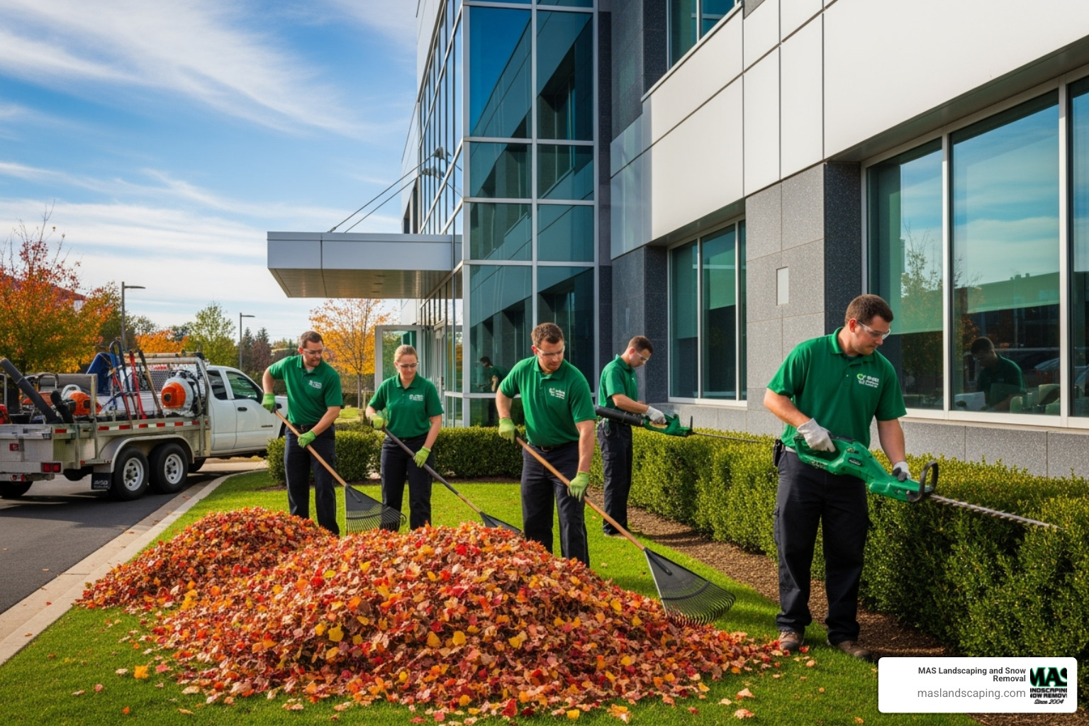 A landscaping crew performing seasonal cleanup, raking leaves and trimming hedges around a commercial building - landscape management