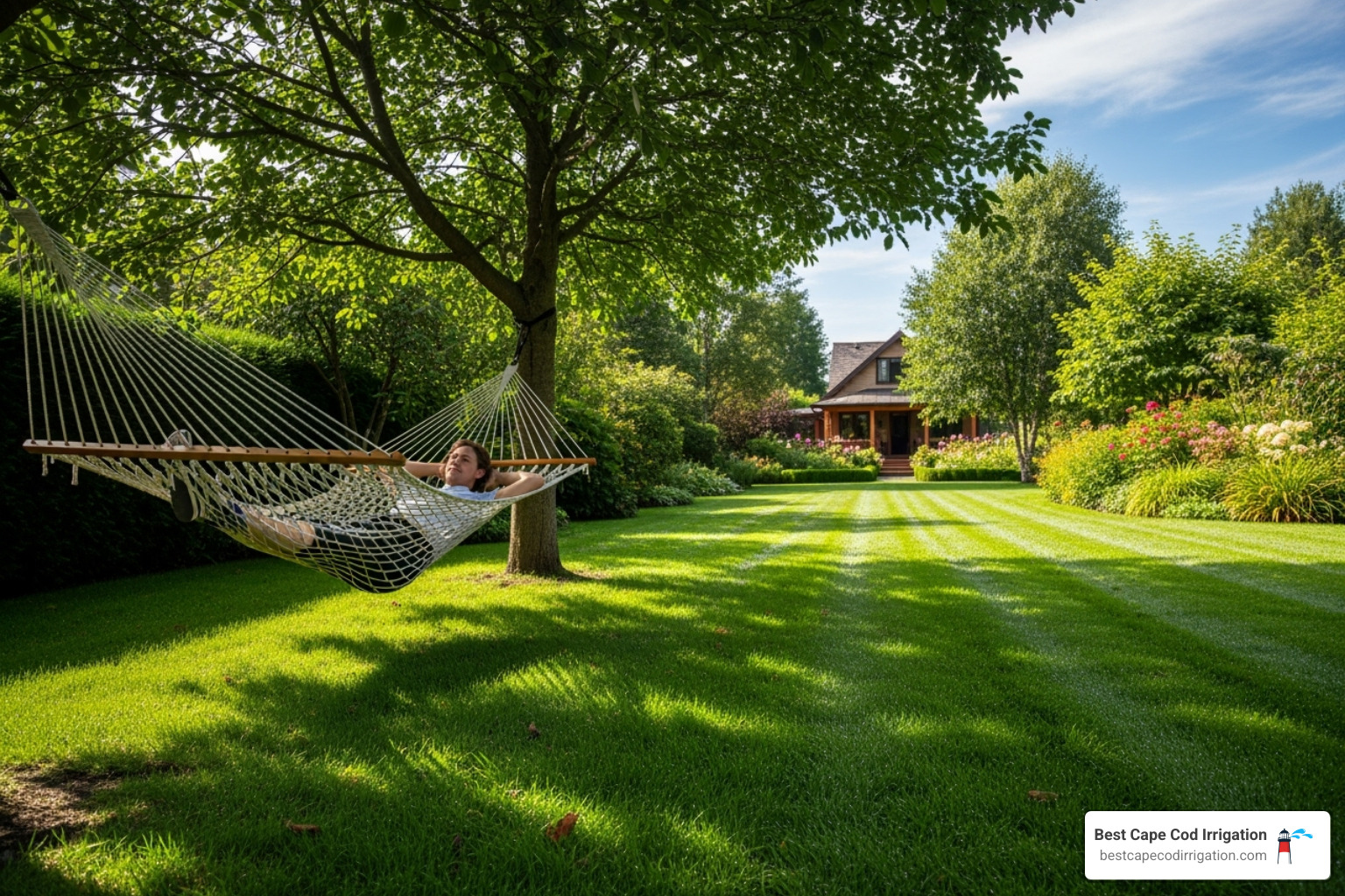 homeowner relaxing in a hammock with a lush lawn in the background. - smart irrigation sprinkler homeowner relaxing in a hammock with a lush lawn in the background. - smart irrigation sprinkler