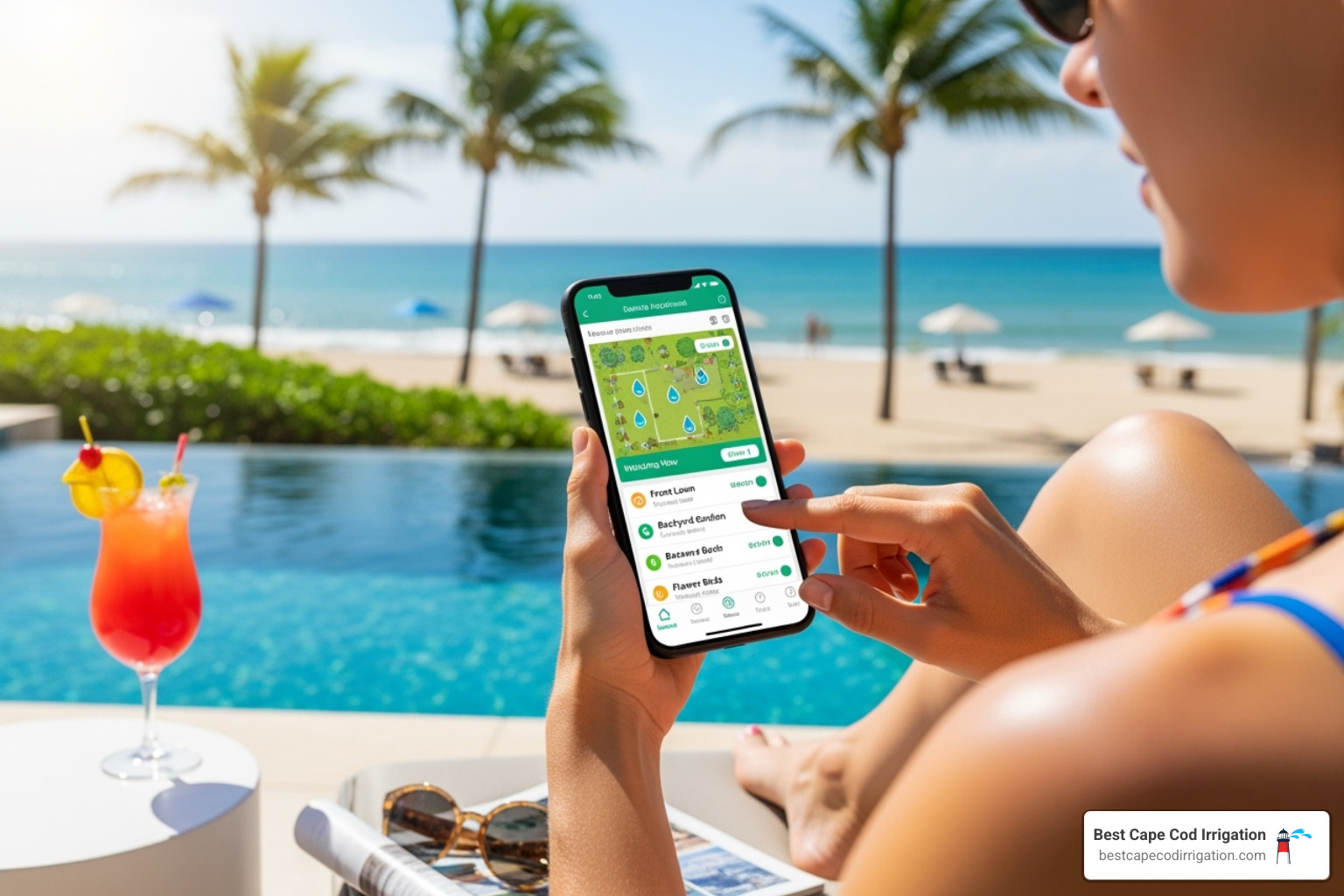 homeowner adjusting their sprinkler schedule on a smartphone app while on vacation. - smart irrigation sprinkler homeowner adjusting their sprinkler schedule on a smartphone app while on vacation. - smart irrigation sprinkler