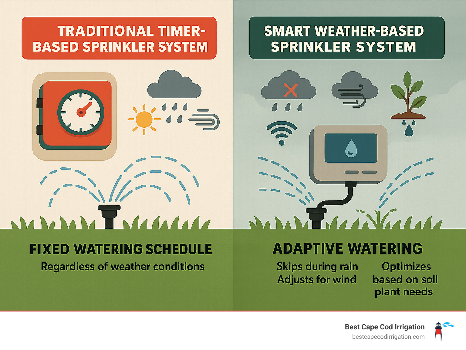 Infographic comparing traditional timer-based sprinkler system showing fixed watering schedule regardless of weather conditions versus smart weather-based sprinkler system showing adaptive watering that skips during rain, adjusts for wind, and optimizes based on soil moisture and plant needs - smart irrigation sprinkler infographic Infographic comparing traditional timer-based sprinkler system showing fixed watering schedule regardless of weather conditions versus smart weather-based sprinkler system showing adaptive watering that skips during rain, adjusts for wind, and optimizes based on soil moisture and plant needs - smart irrigation sprinkler infographic