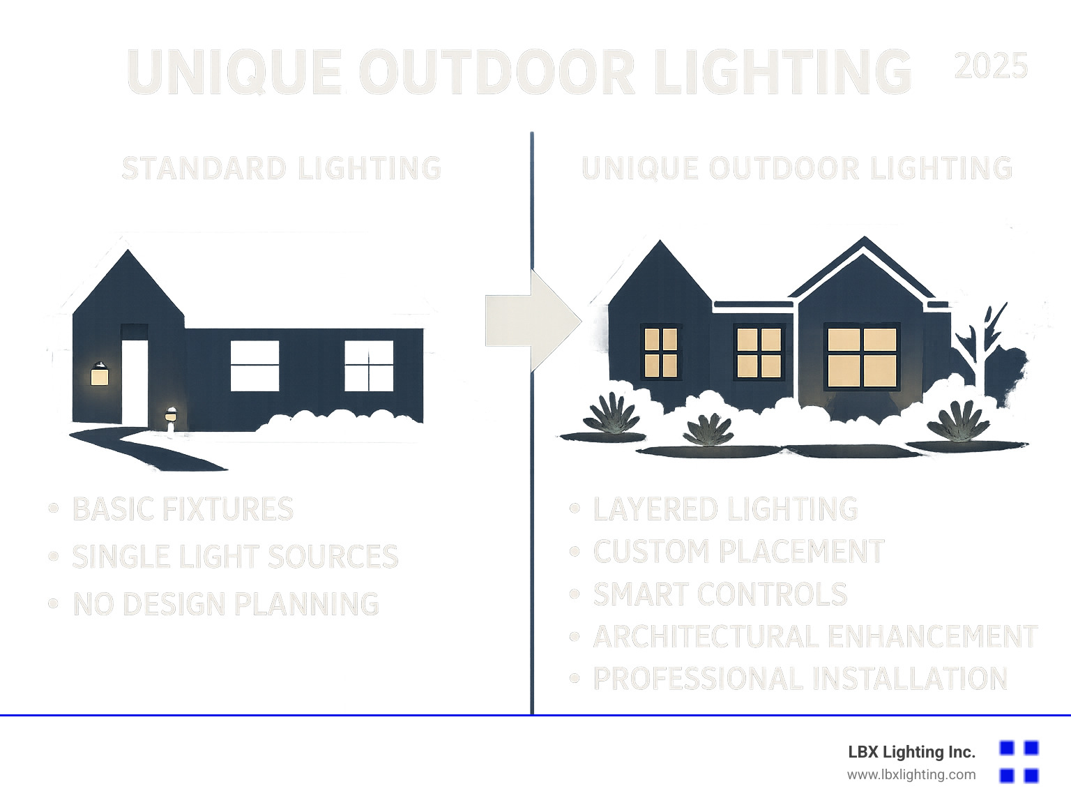 Infographic showing the key differences between standard DIY outdoor lighting (basic fixtures, single light sources, no design planning) versus professionally designed unique outdoor lighting systems (layered lighting, custom placement, smart controls, architectural improvement, and professional installation) - unique outdoor lighting houston infographic 