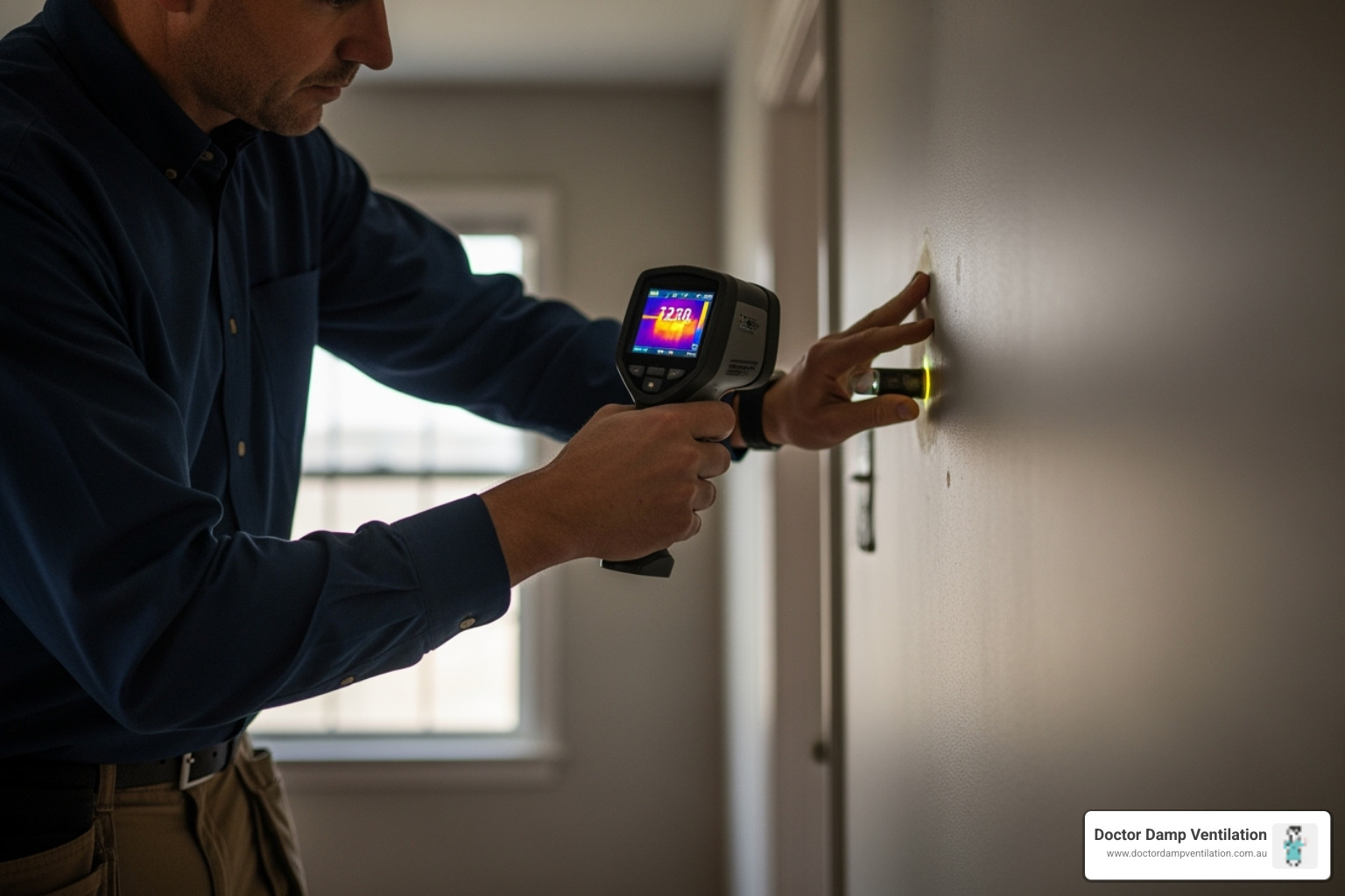 Professional inspector using a thermal imaging camera or moisture meter - home mould inspection sydney
