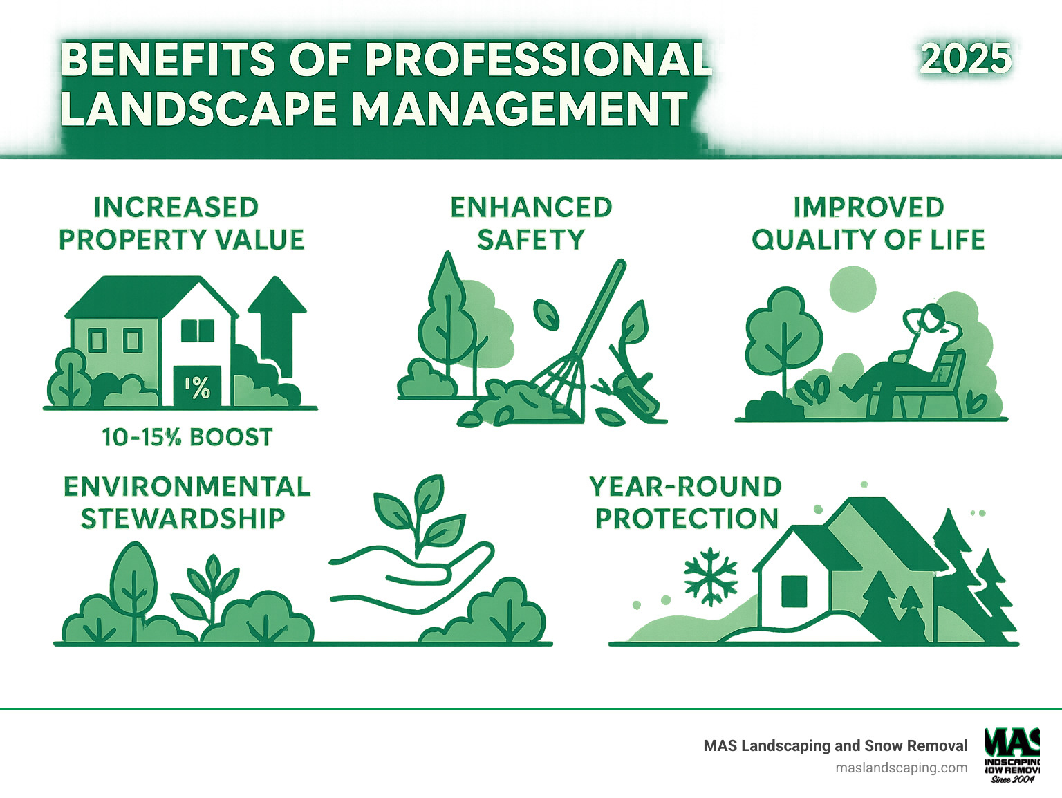 Comprehensive infographic showing the core benefits of professional landscape management: increased property value (10-15% boost), improved safety through proper maintenance and hazard removal, improved quality of life with beautiful outdoor spaces, environmental stewardship through sustainable practices, and year-round property protection including snow and ice management - landscape management infographic 