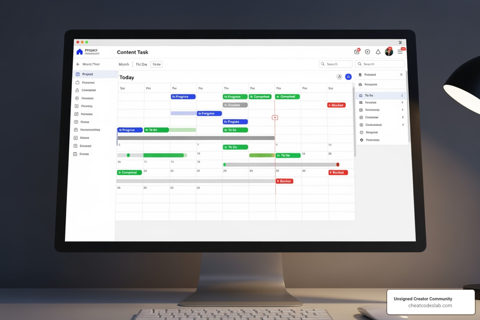 calendar view in a project management tool showing content status - SEO content calendar