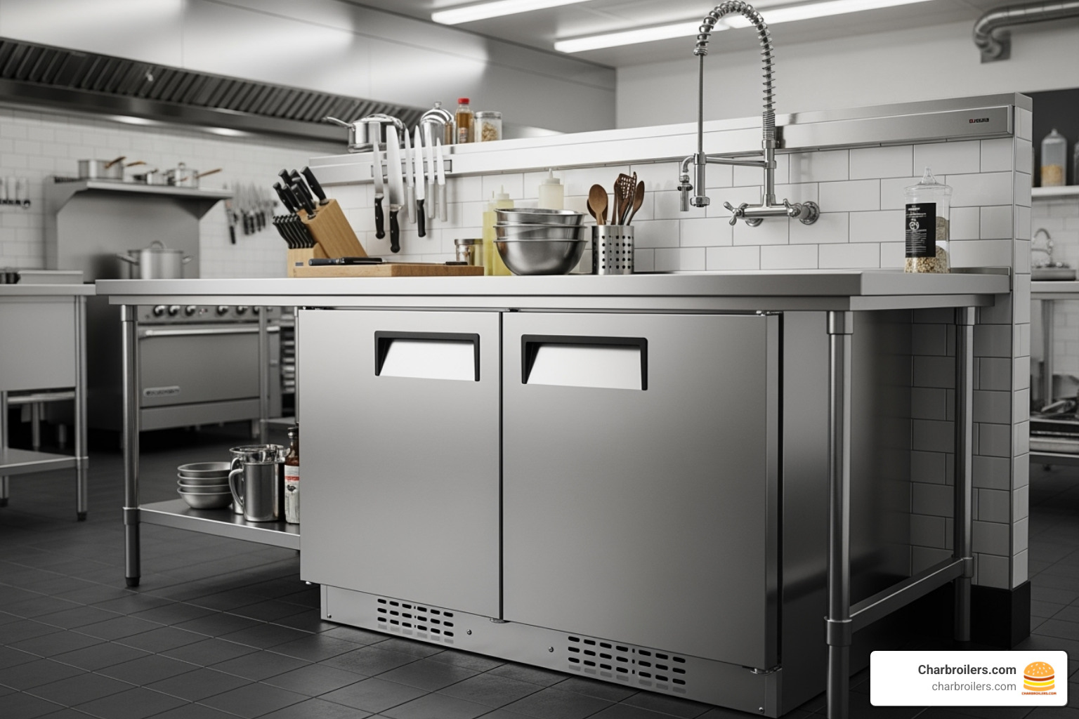 undercounter freezer installed below a stainless steel prep table - small commercial freezer