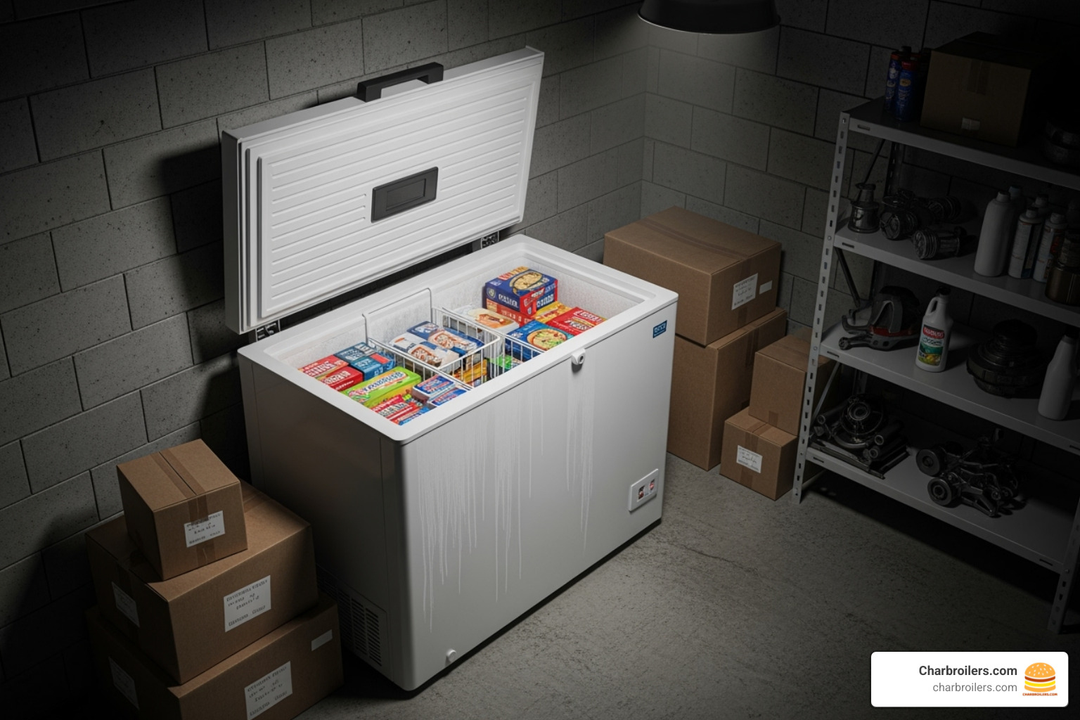 small commercial chest freezer in a storage area - small commercial freezer