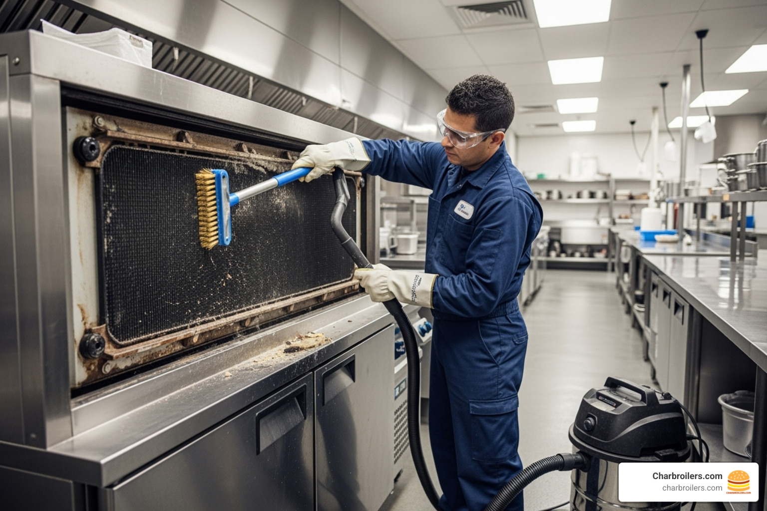 technician cleaning the condenser coils of a commercial freezer - small commercial freezer