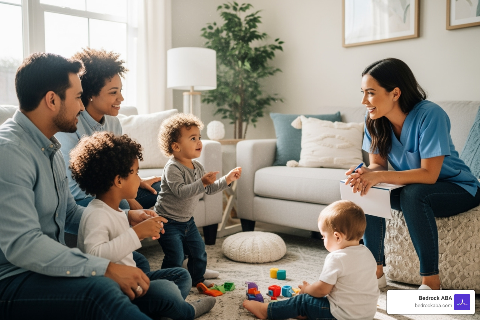 A family talking with an ABA provider in a comfortable setting - aba therapy for autism