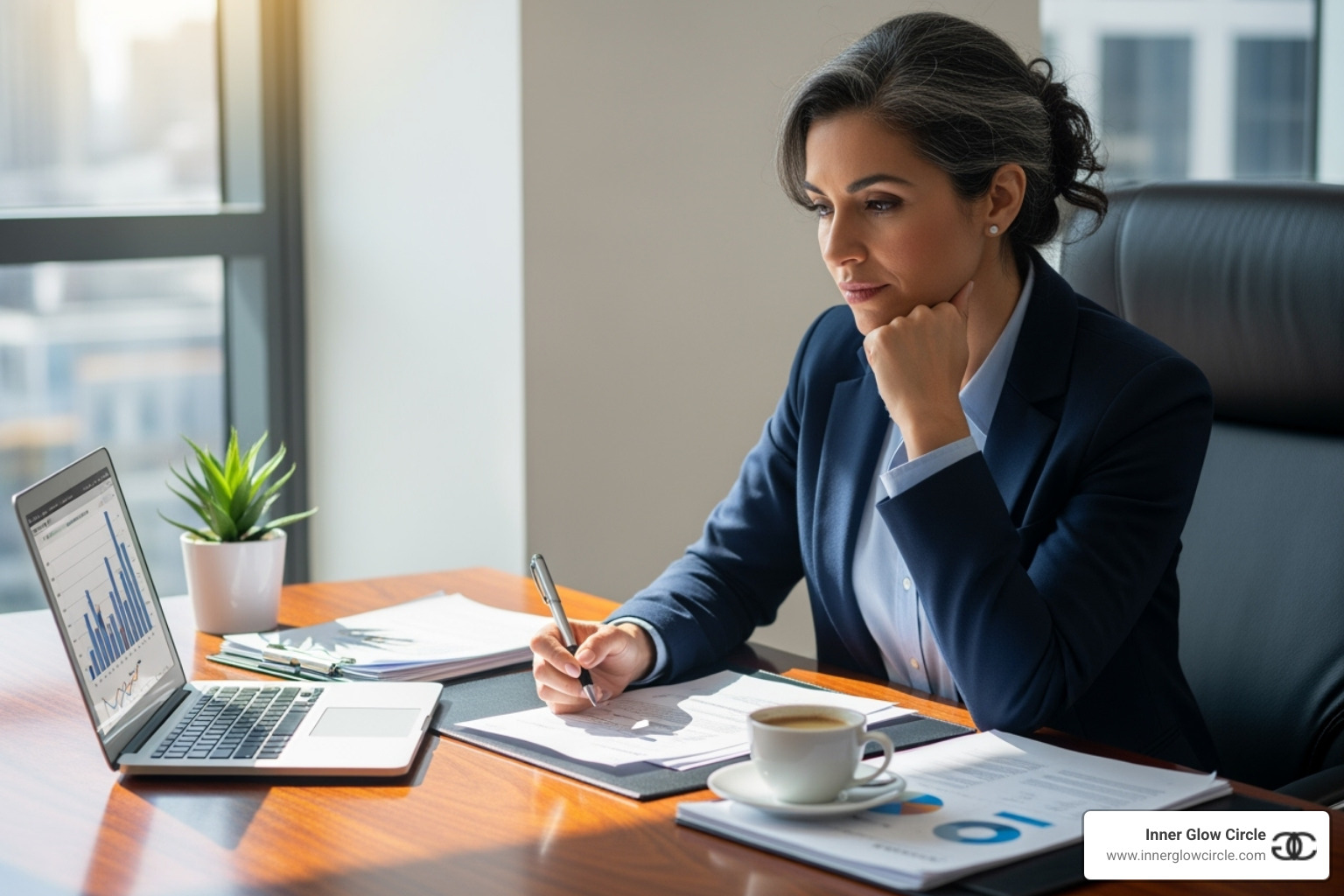 woman leader looking thoughtful while working at her desk - Leadership coaching for women