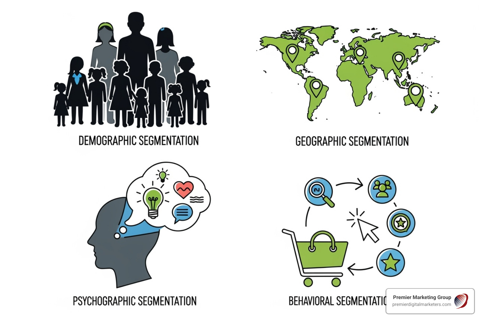 Four icons representing Demographic, Geographic, Psychographic, and Behavioral segmentation - market segmentation for online retailing