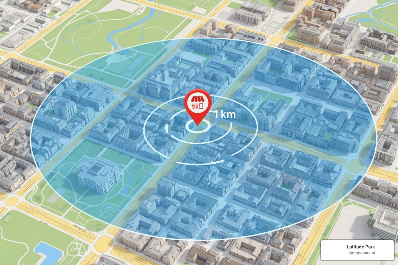 map showing a geotargeted ad radius around a store location - multi location social media marketing