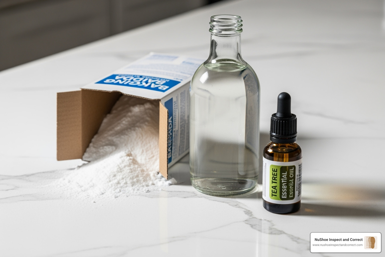 baking soda, a bottle of white vinegar, and a small bottle of tea tree essential oil arranged neatly - natural sneaker deodorizer