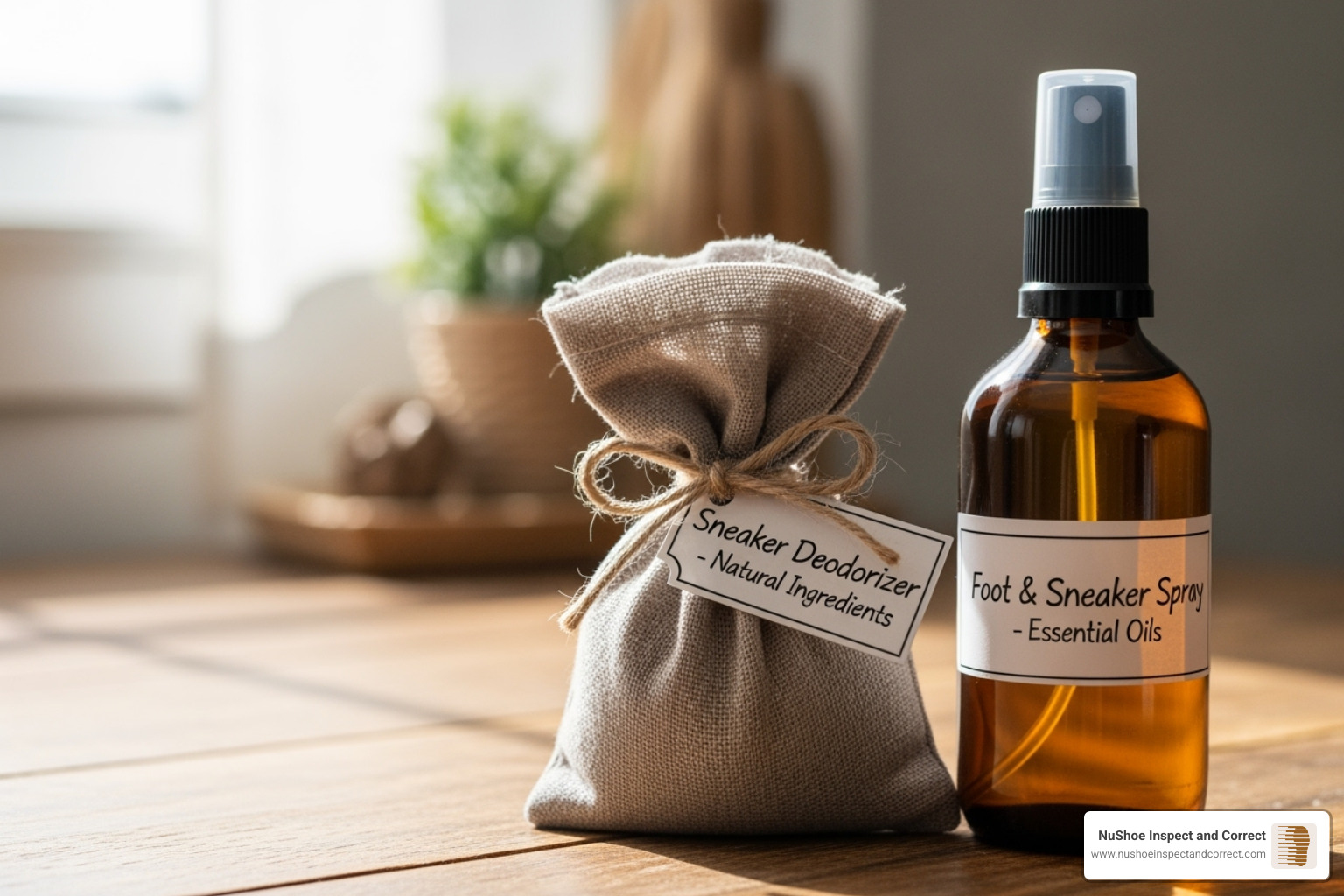 a finished DIY deodorizing sachet and a spray bottle - natural sneaker deodorizer