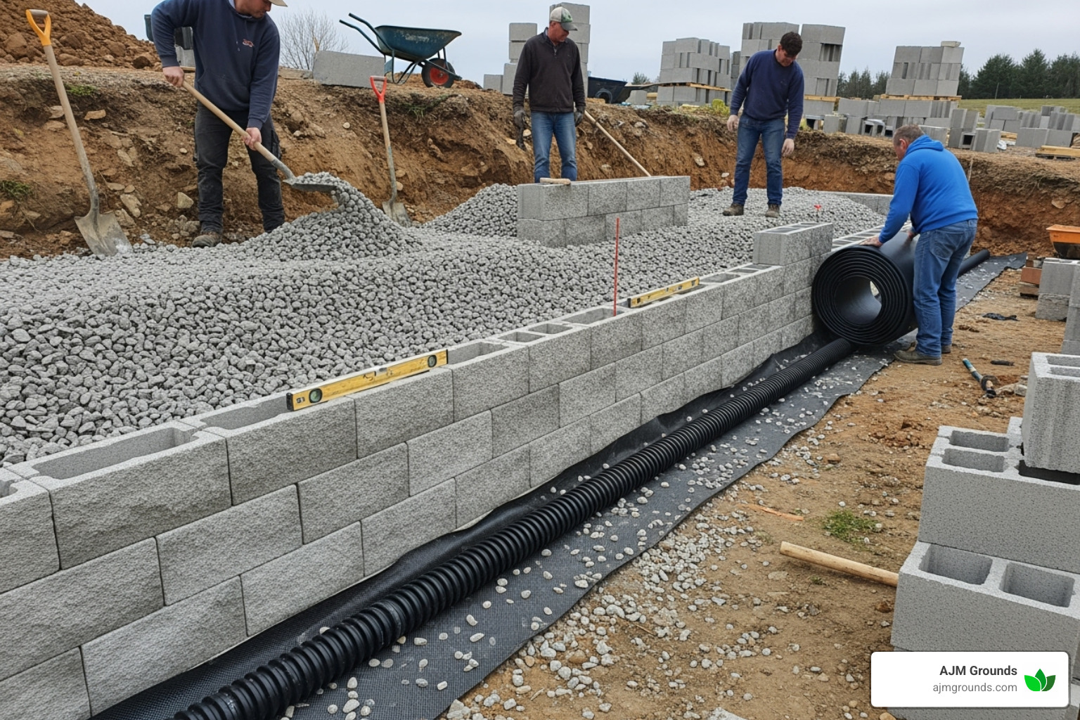 retaining wall being built with drainage gravel and pipe behind it - paver retaining wall installation