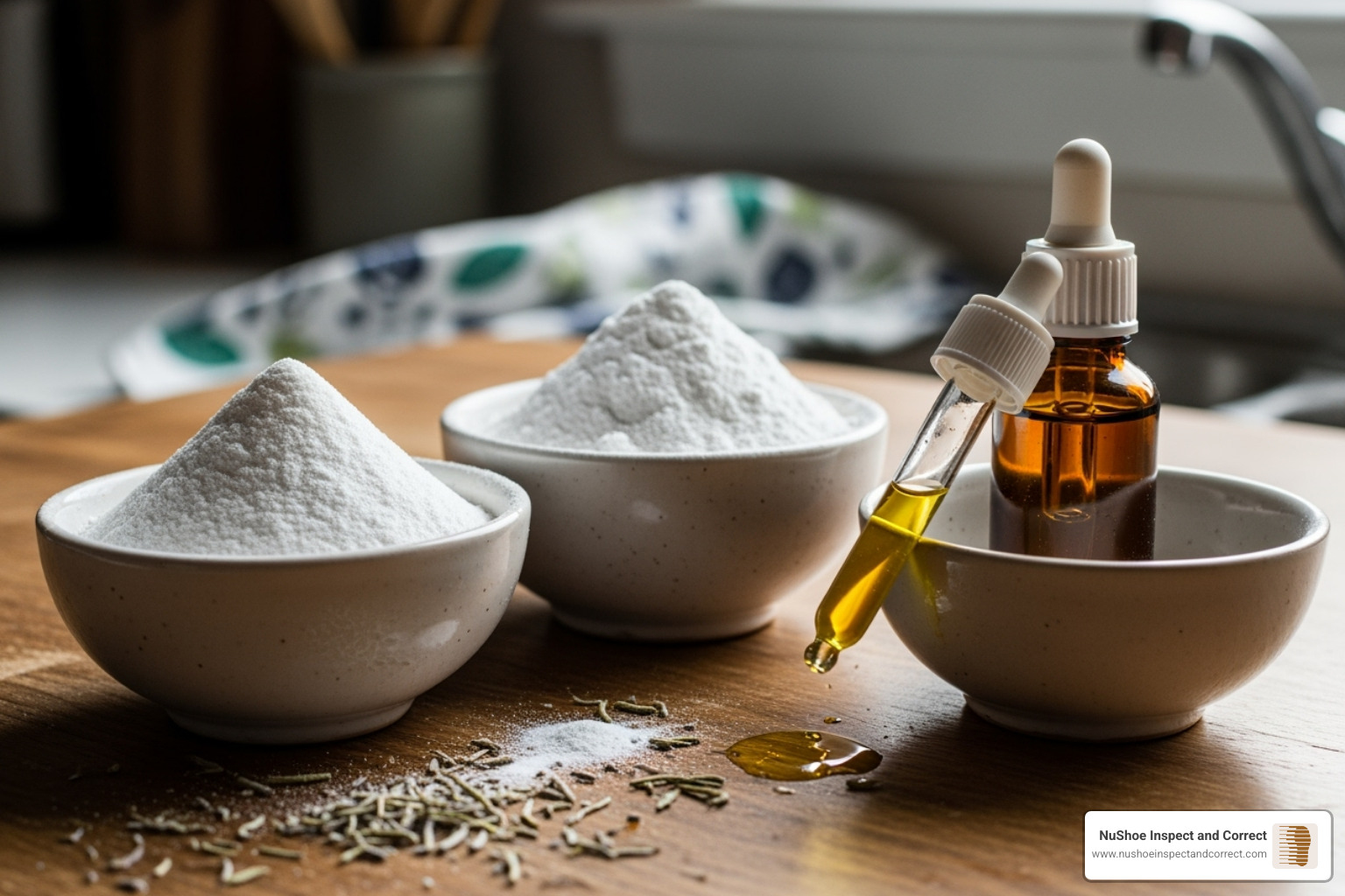 the ingredients for the powder (baking soda, cornstarch, essential oil) in bowls - natural sneaker deodorizer