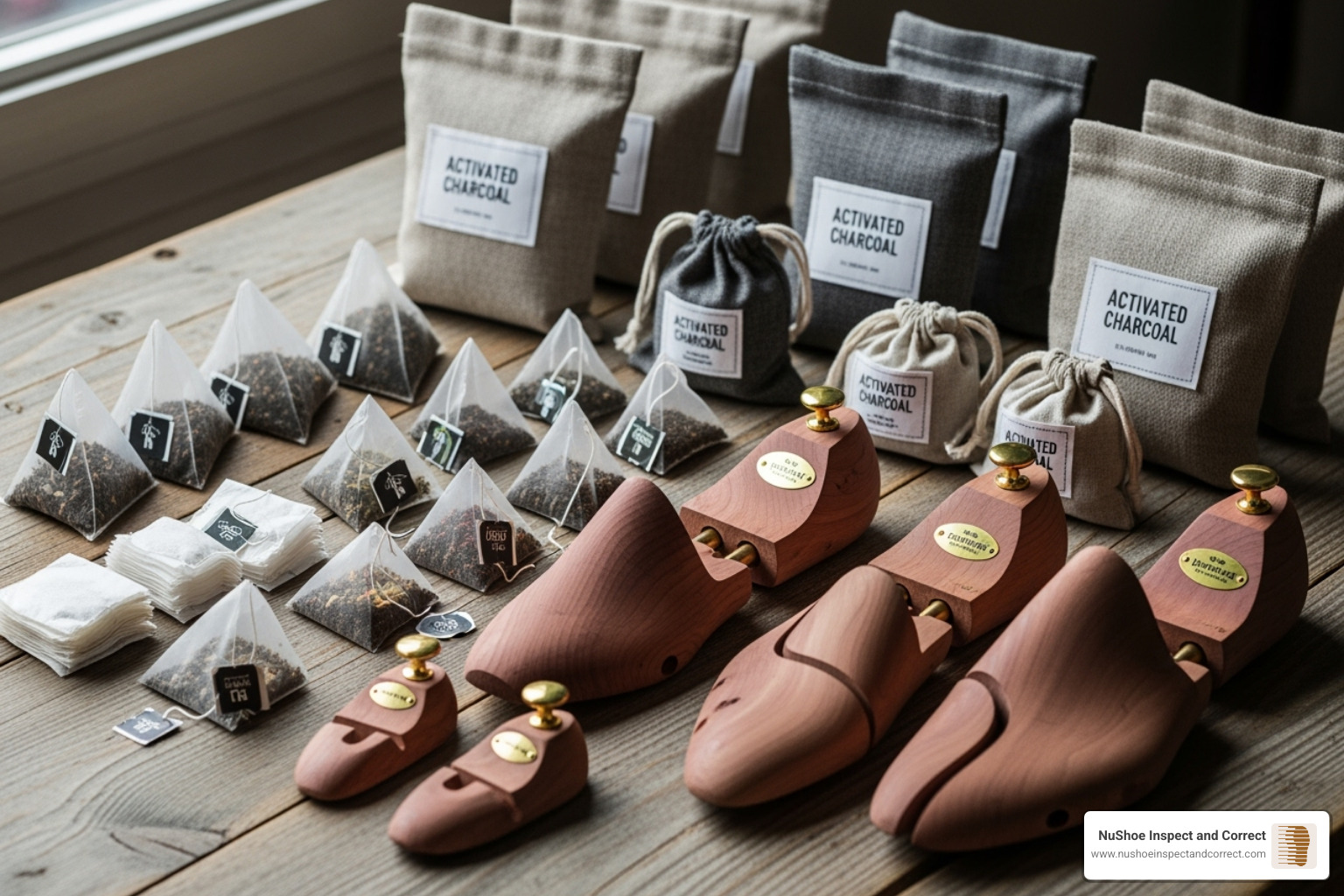 activated charcoal bags, tea bags, and cedar shoe trees - natural sneaker deodorizer