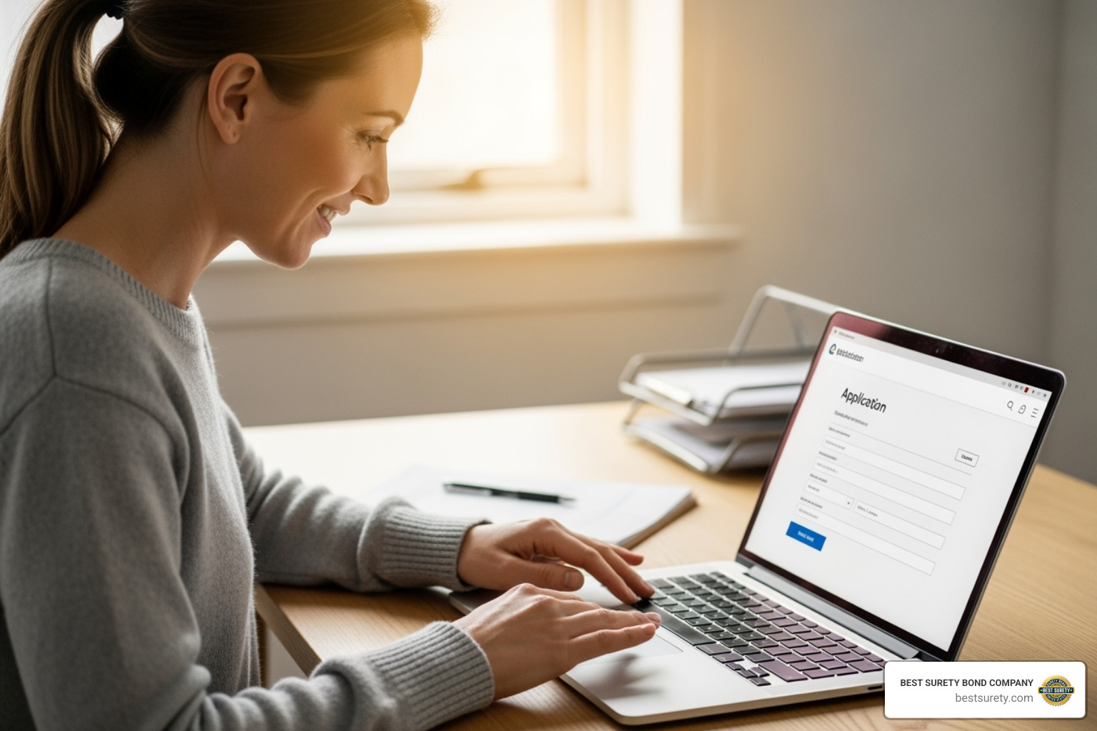 person easily filling out an online application on a laptop - how much does a notary bond cost