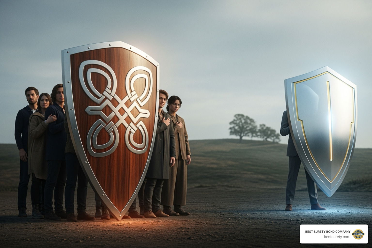 two shields: one labeled "Notary Bond" protecting a member of the public, and another labeled "E&O Insurance" protecting the notary - how much does a notary bond cost