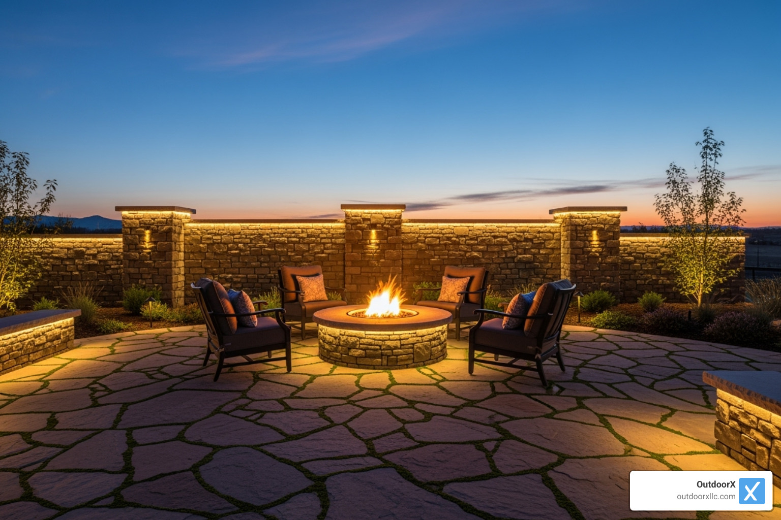 Stunning completed hardscape project featuring a stone wall, patio, and fire pit at dusk, with ambient lighting. - stone wall contractors near me
