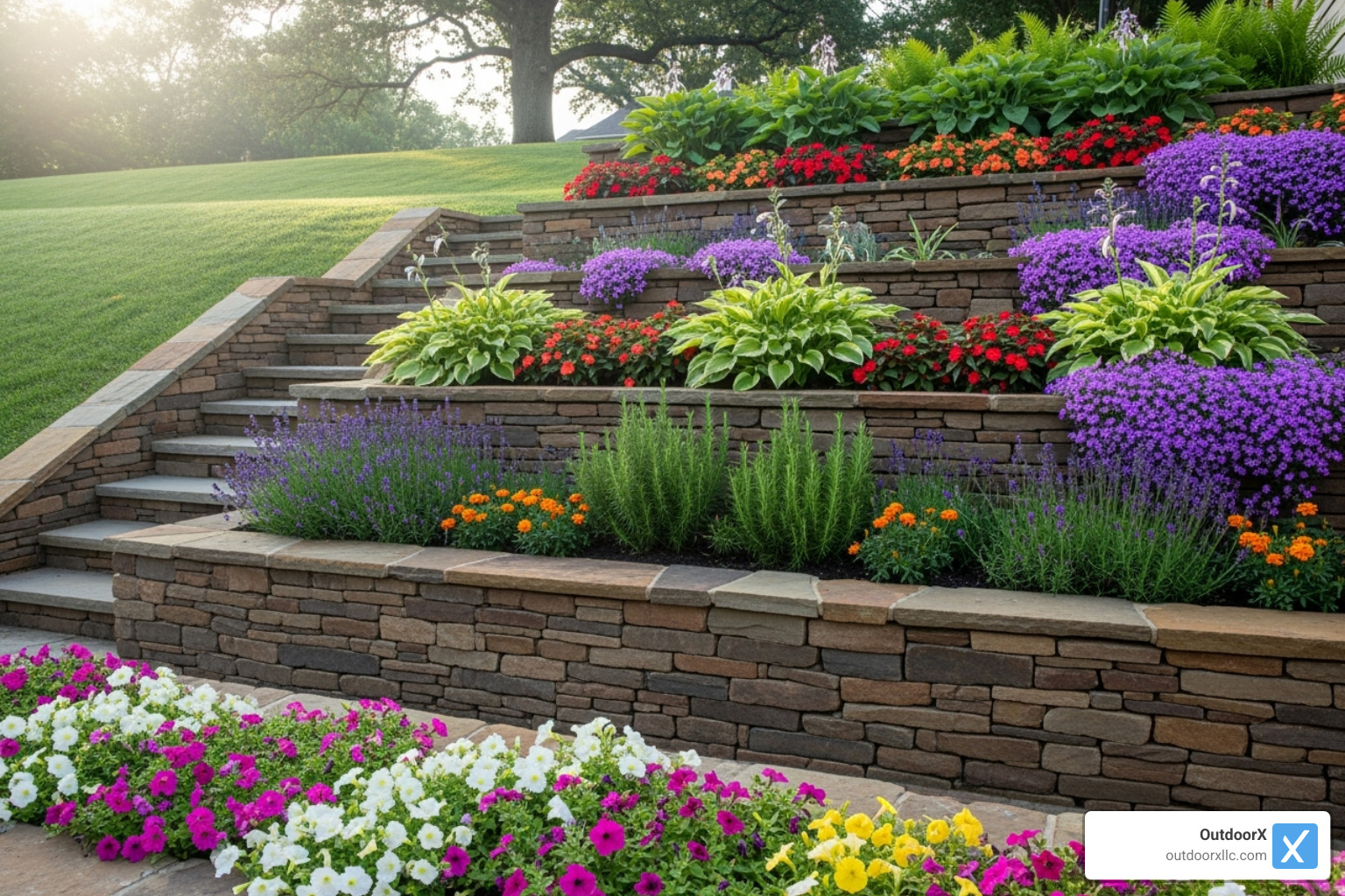 A sloped yard transformed with a tiered stone retaining wall, creating functional garden beds, with lush greenery and flowers. - stone wall contractors near me