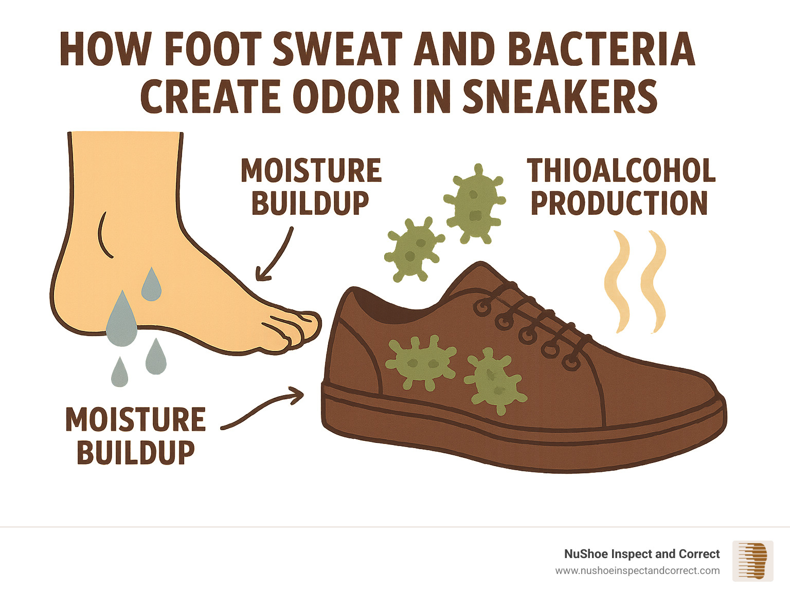 Infographic showing how foot sweat and bacteria create odor in sneakers, with arrows indicating moisture buildup, bacterial growth, and thioalcohol production in a dark shoe environment - natural sneaker deodorizer infographic 