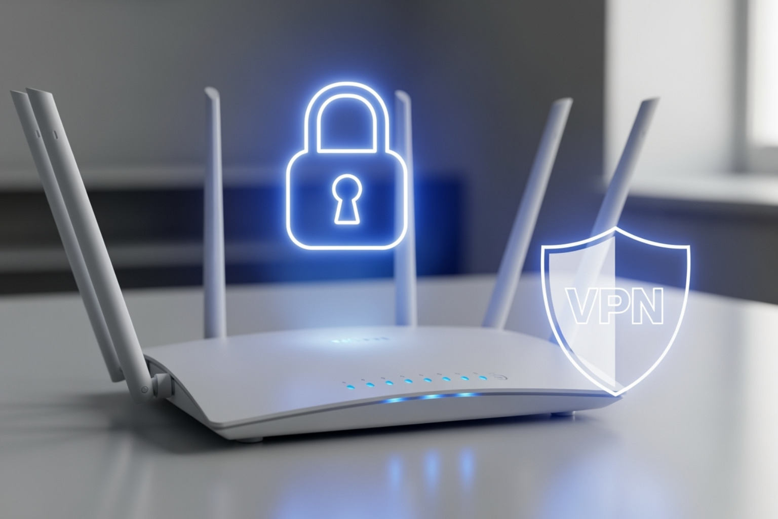 Image showing a Wi-Fi router with a lock symbol and a VPN icon, representing secure network connections - basic cyber hygiene tips