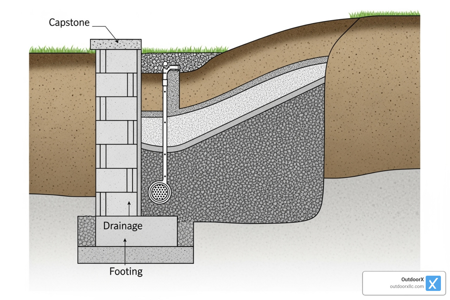 Cross-section of a properly built retaining wall with its foundation, drainage system, and layers of gravel and soil. - stone wall contractors near me