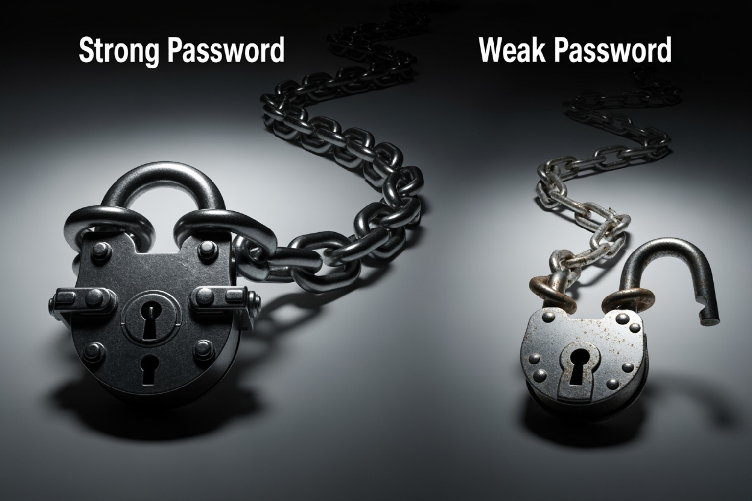 Image illustrating a strong password (complex, long, random) vs. a weak password (short, common, predictable) - basic cyber hygiene tips