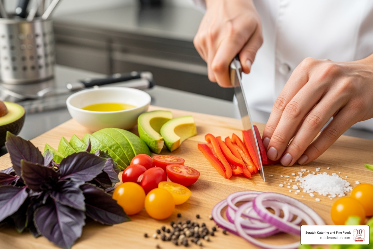 chef artfully preparing fresh, colorful ingredients - business lunch delivery chef artfully preparing fresh, colorful ingredients - business lunch delivery