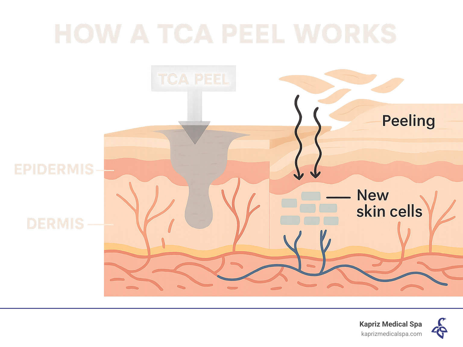 Infographic showing the layers of skin with epidermis and dermis labeled, illustrating how TCA peel penetrates through the epidermis to reach the upper dermis, with arrows showing the peeling process and new skin cell formation beneath - TCA peel jacksonville fl infographic Infographic showing the layers of skin with epidermis and dermis labeled, illustrating how TCA peel penetrates through the epidermis to reach the upper dermis, with arrows showing the peeling process and new skin cell formation beneath - TCA peel jacksonville fl infographic