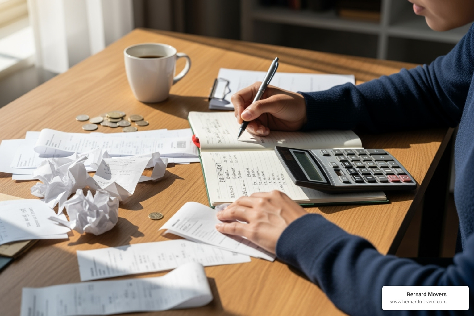 A person creating a budget with receipts and a calculator - if i move to a different state